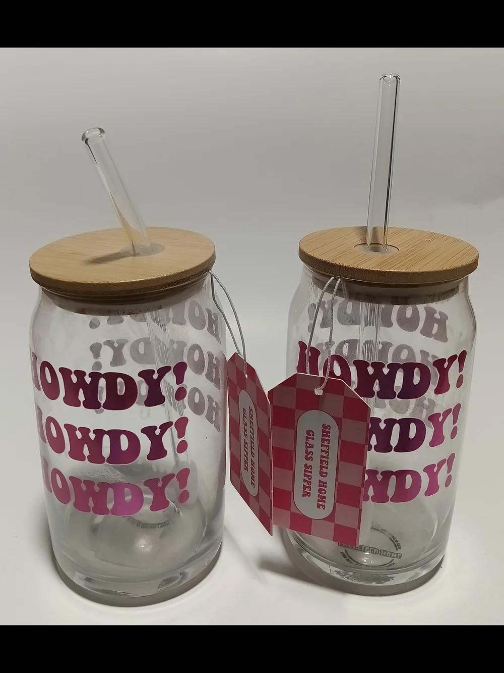 Set Of 2 Pink 'Howdy!' Glass Tumbler with Bamboo Lid and Straw